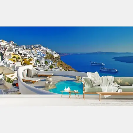 Fotomural panorámica de Santorini con piscina infinita y vistas al mar – Pixers®