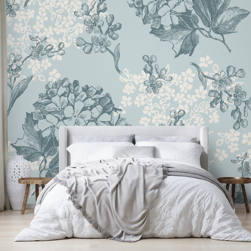Fotomural estampado botánico de hortensias en tonos azules