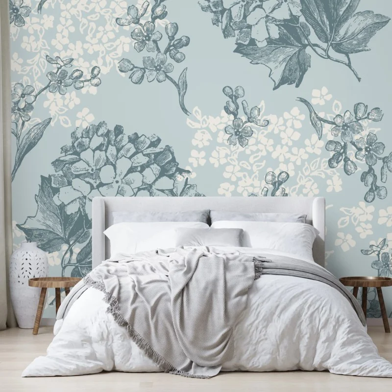 Fotomural estampado botánico de hortensias en tonos azules