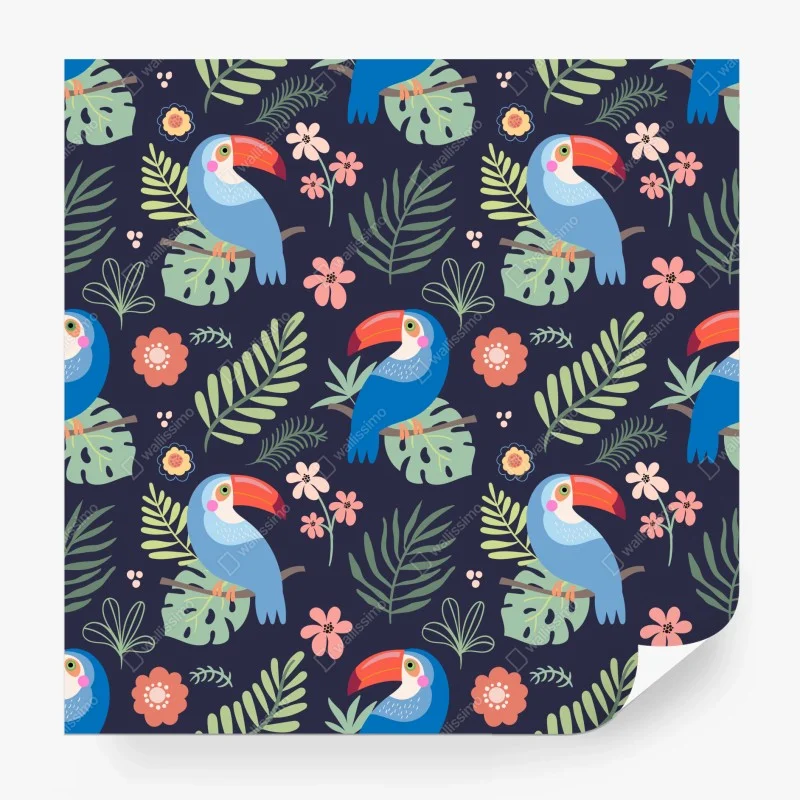 Fotomural estampado tropical de tucanes y hojas