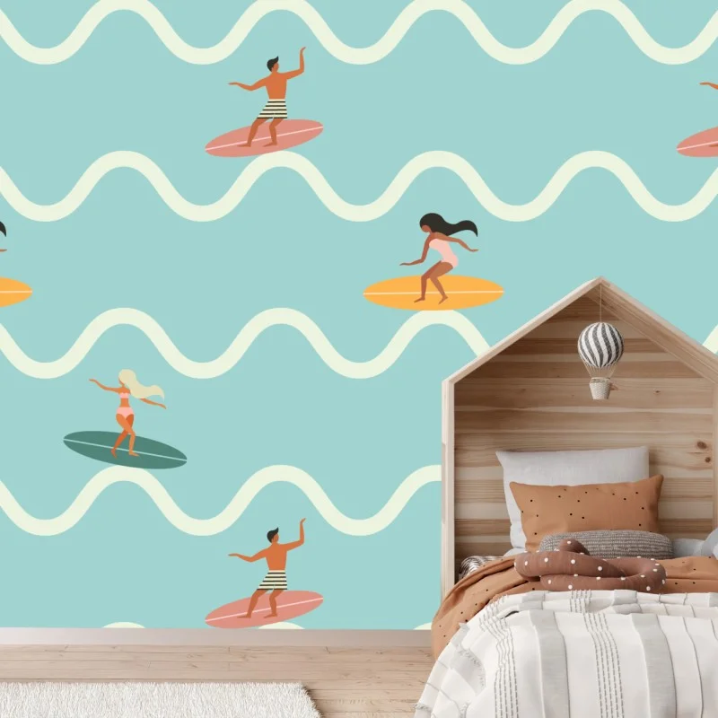 Fotomural estampado de surfistas y olas en tonos pastel