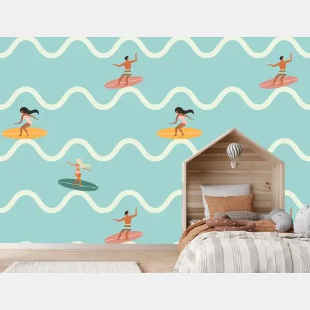 Fotomural estampado de surfistas y olas en tonos pastel – Pixers®