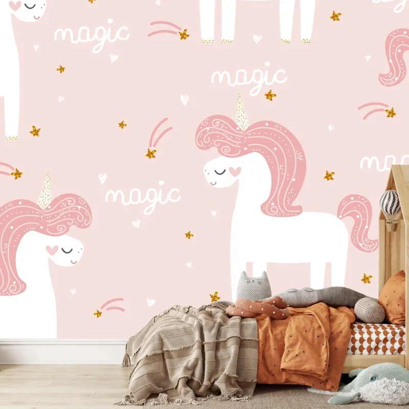 Fotomural diseño de unicornios rosas y estrellas doradas