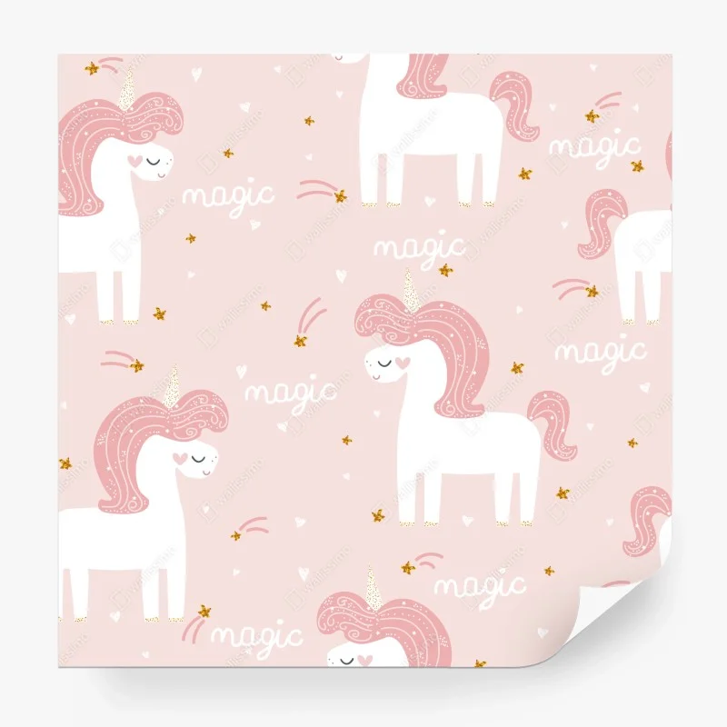 Fotomural diseño de unicornios rosas y estrellas doradas