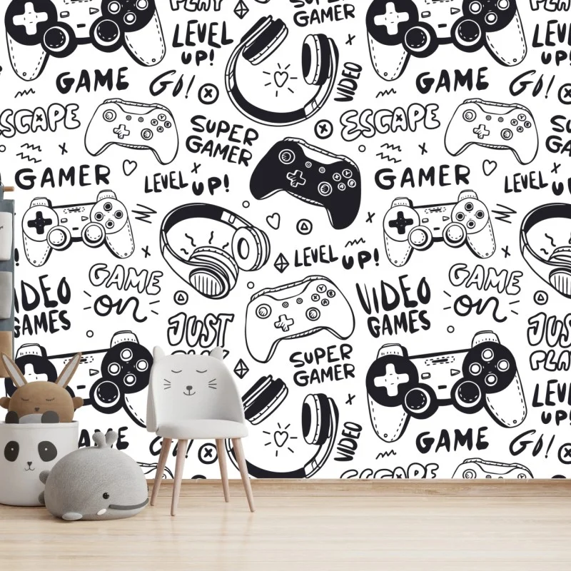 Fotomural patrón de videojuegos en estilo doodle blanco y negro