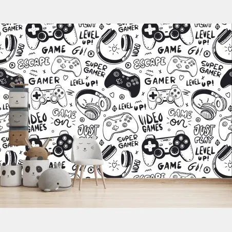 Fotomural patrón de videojuegos en estilo doodle blanco y negro – Pixers®