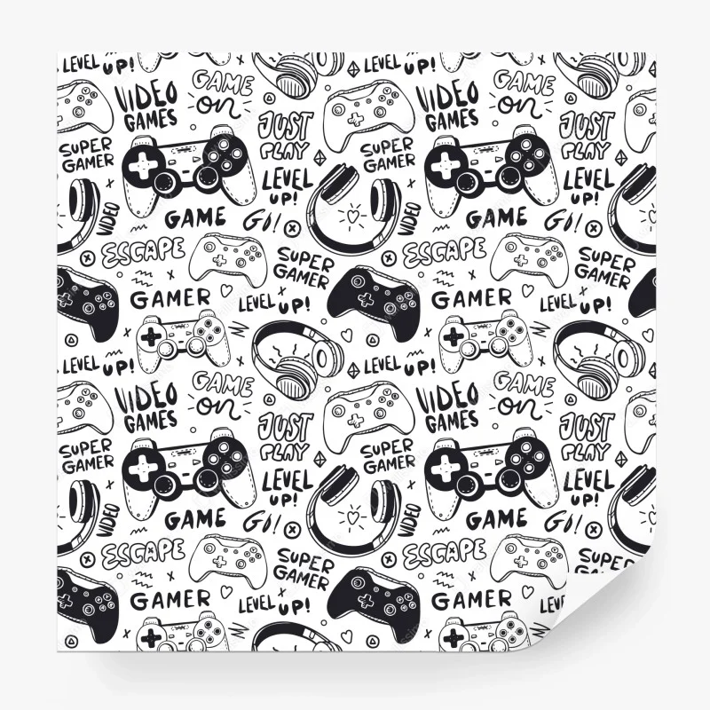 Fotomural patrón de videojuegos en estilo doodle blanco y negro