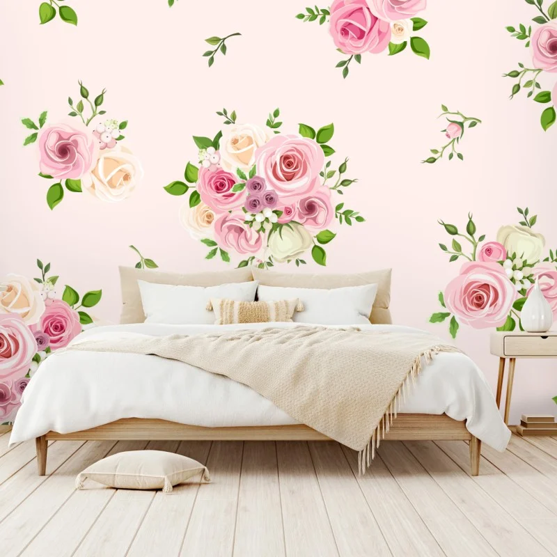 Fotomural ramos de rosas en tonos pastel sobre fondo rosa claro