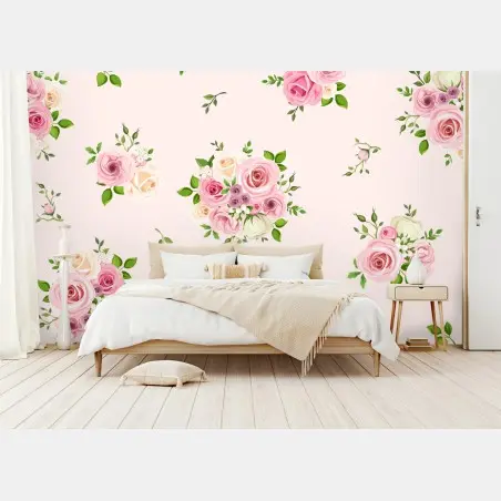 Fotomural ramos de rosas en tonos pastel sobre fondo rosa claro – Pixers®