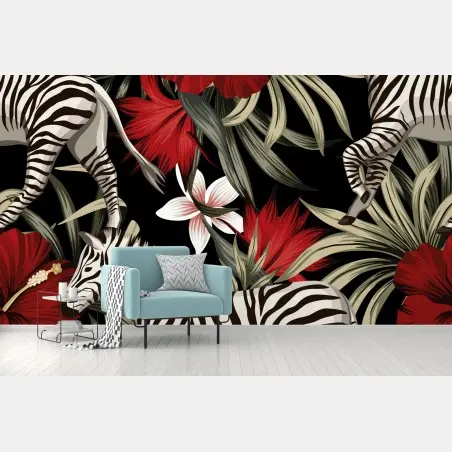 Fotomural estampado tropical con cebras y hibiscos – Pixers®
