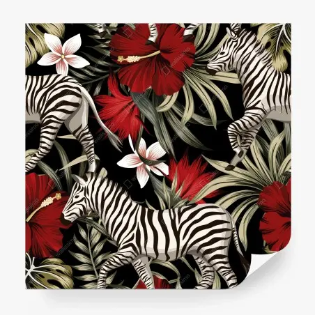 Fotomural estampado tropical con cebras y hibiscos – Pixers®