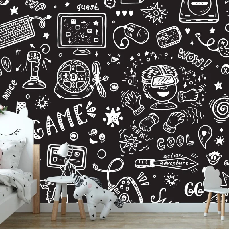 Fotomural diseño doodle de videojuegos sobre fondo oscuro