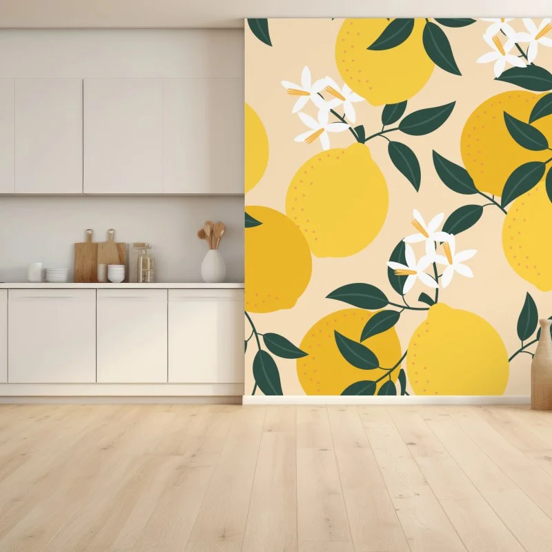 Fotomural diseño de limones y flores sobre fondo suave