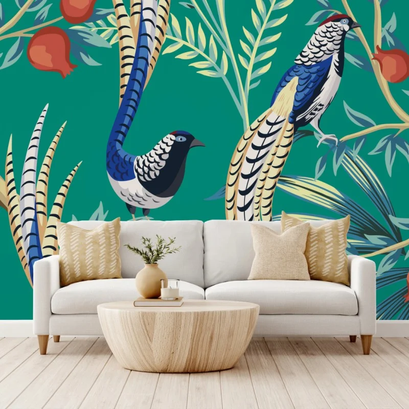 Fotomural estampado tropical con faisanes y granadas