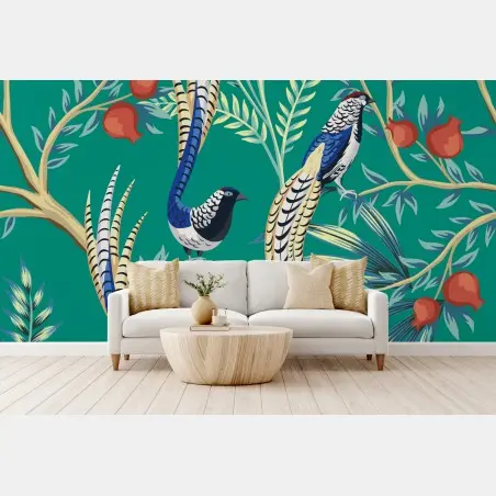 Fotomural estampado tropical con faisanes y granadas – Pixers®