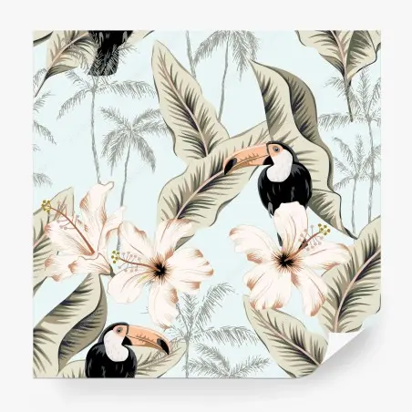 Fotomural paisaje tropical con tucanes e hibiscos – Pixers®