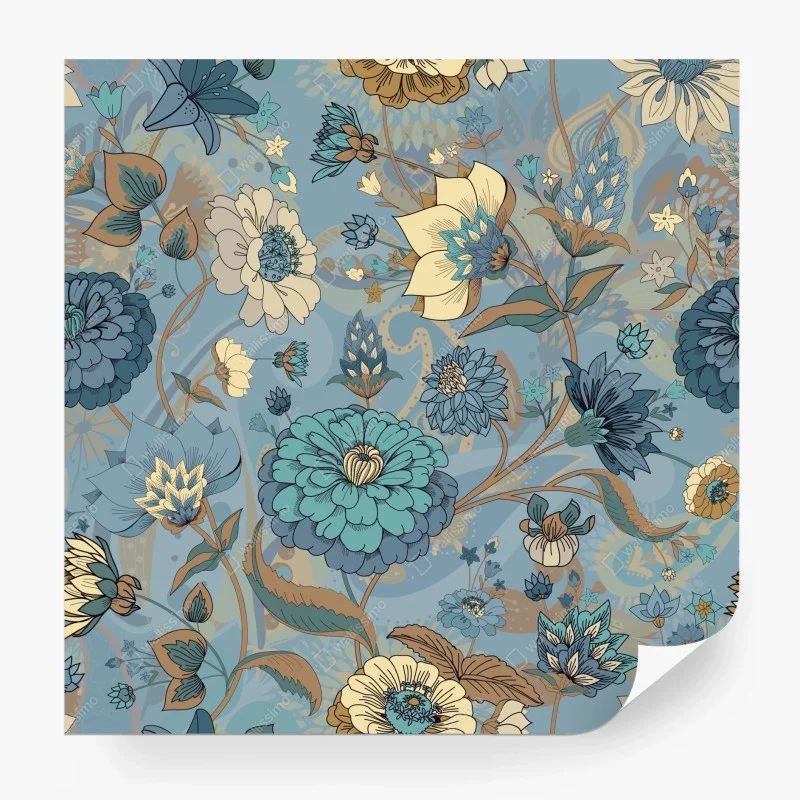 Fotomural patrón floral vintage en tonos azules y turquesa