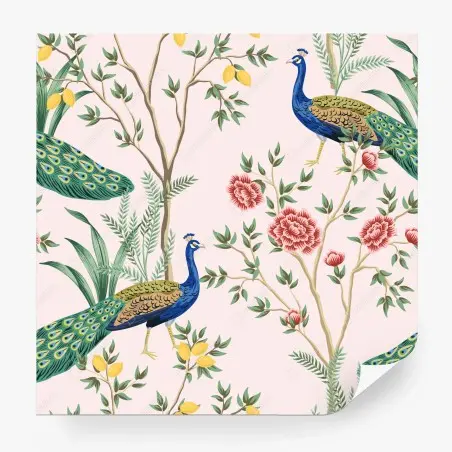 Fotomural pavos reales y flores sobre fondo rosa – Pixers®