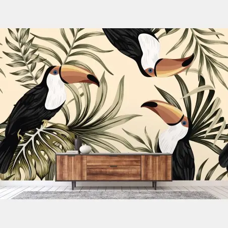 Fotomural tucanes y hojas tropicales sobre fondo beige – Pixers®