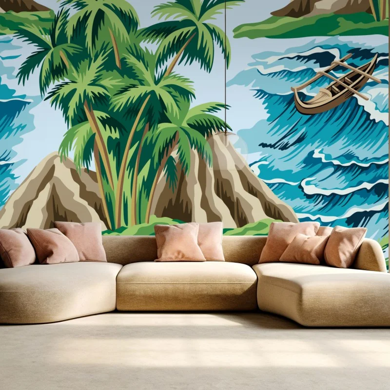 Fotomural paisaje tropical con palmeras y olas