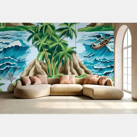 Fotomural paisaje tropical con palmeras y olas – Pixers®