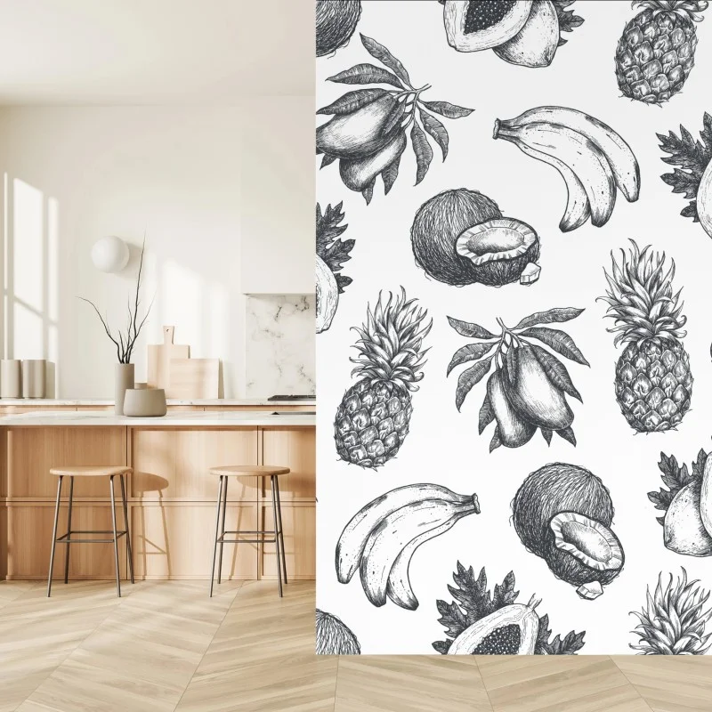 Fotomural patrón de frutas tropicales en estilo boceto