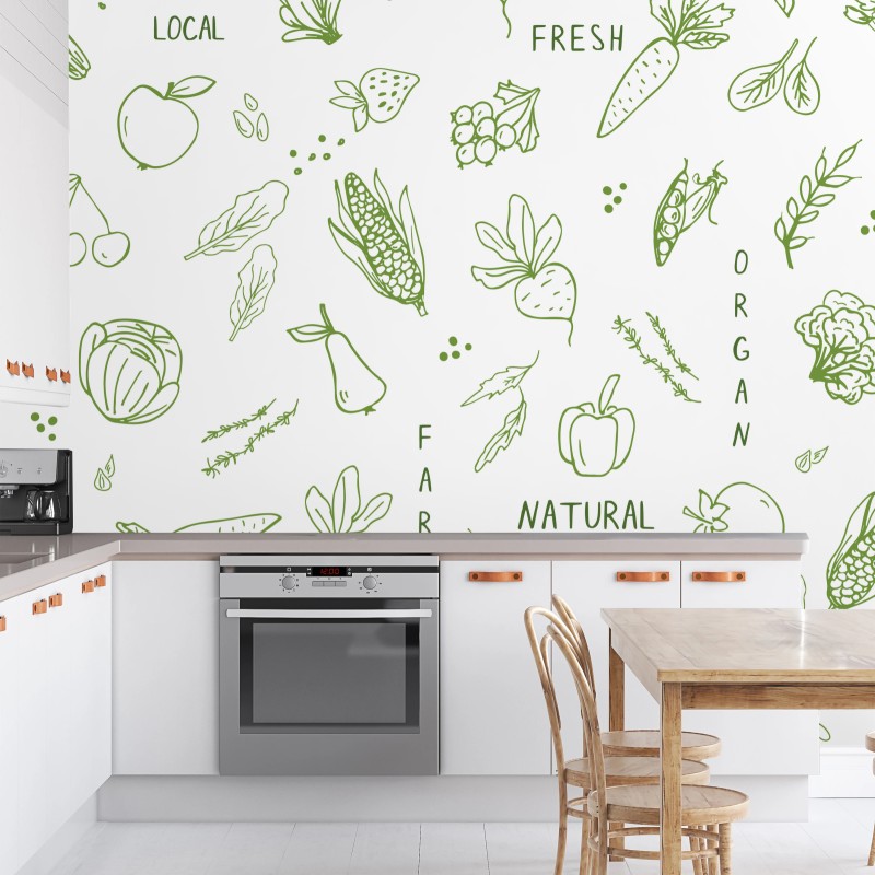 Fotomural diseño orgánico de frutas y verduras en trazos verdes