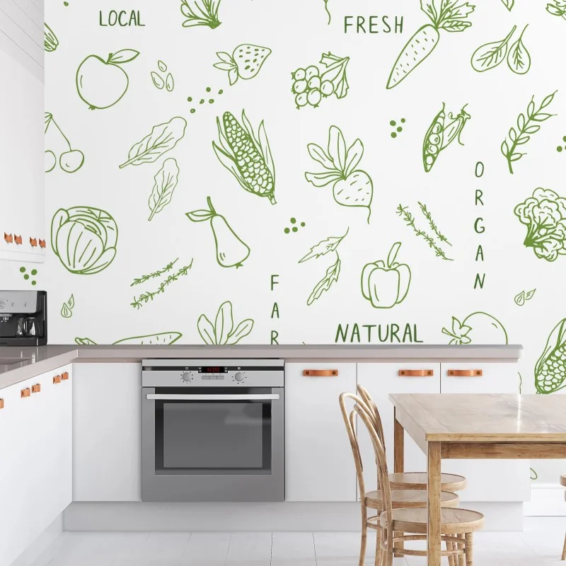 Fotomural diseño orgánico de frutas y verduras en trazos verdes