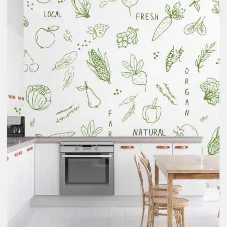 Fotomural diseño orgánico de frutas y verduras en trazos verdes – Pixers®