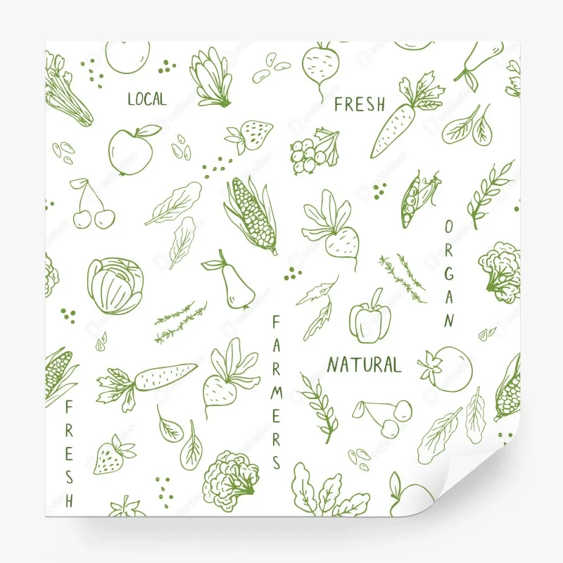 Fotomural diseño orgánico de frutas y verduras en trazos verdes