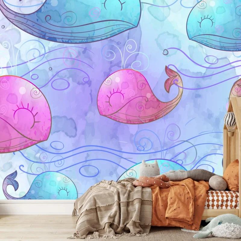 Fotomural ballenas acuareladas en tonos pastel para decoración infantil