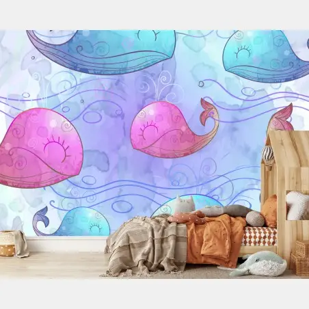 Fotomural ballenas acuareladas en tonos pastel para decoración infantil – Pixers®