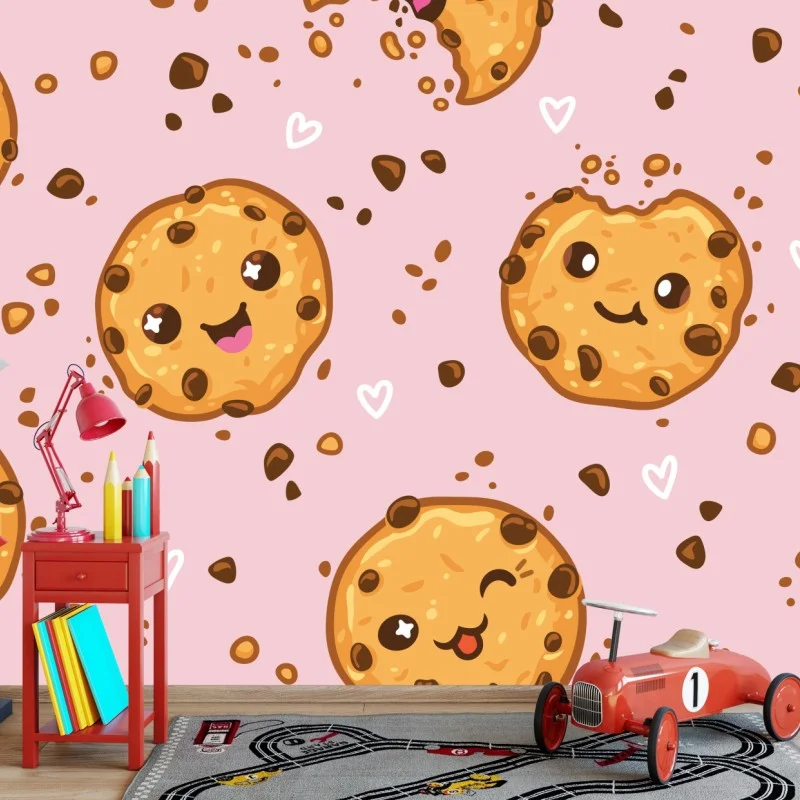 Fotomural patrón de galletas kawaii sobre fondo rosa