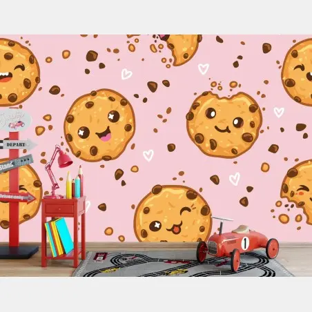 Fotomural patrón de galletas kawaii sobre fondo rosa – Pixers®