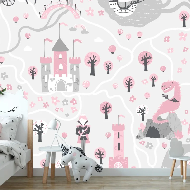 Fotomural mapa de cuento de hadas en rosa y gris