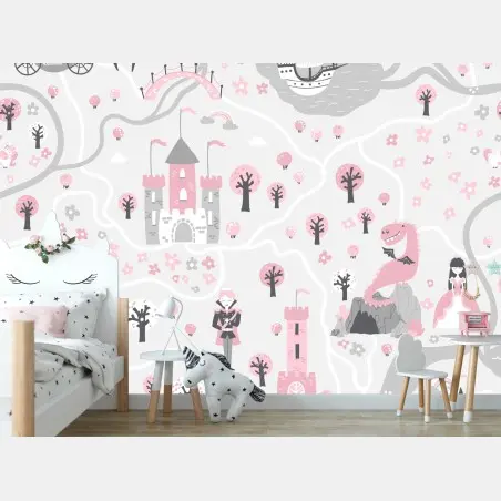 Fotomural mapa de cuento de hadas en rosa y gris – Pixers®