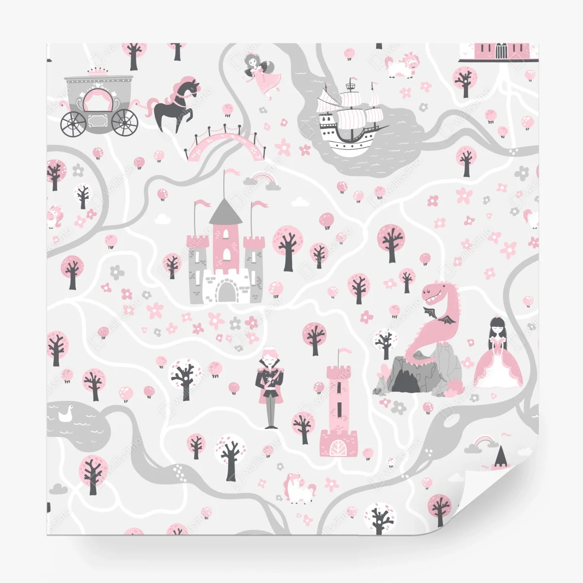 Fotomural mapa de cuento de hadas en rosa y gris – Pixers®