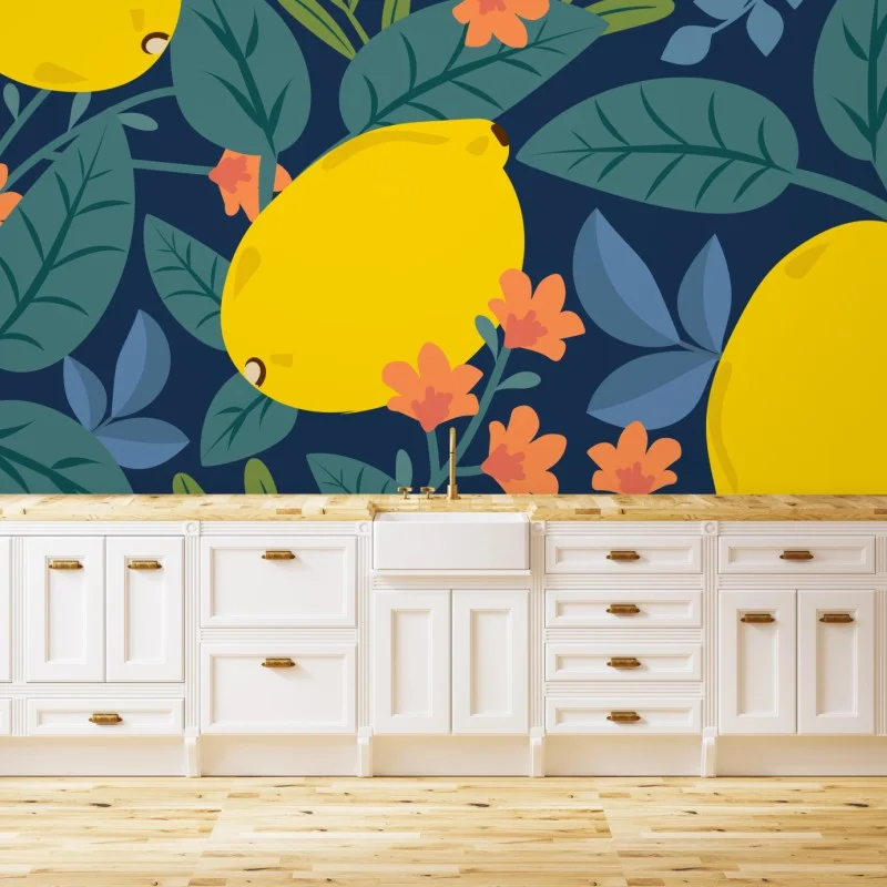Fotomural estampado de limones y hojas sobre fondo azul
