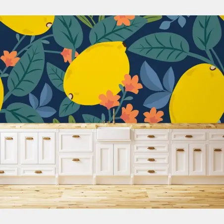 Fotomural estampado de limones y hojas sobre fondo azul – Pixers®