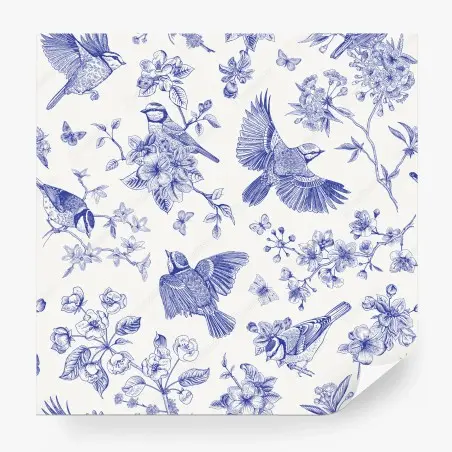 Fotomural patrón botánico de aves en tinta azul – Pixers®