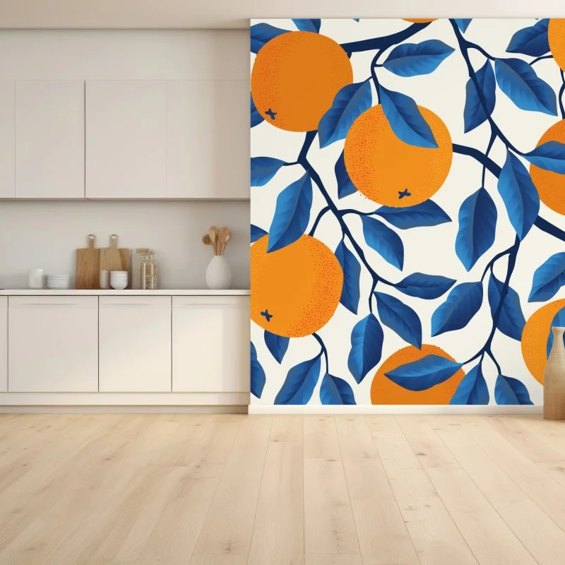 Fotomural estampado de naranjas y hojas azules