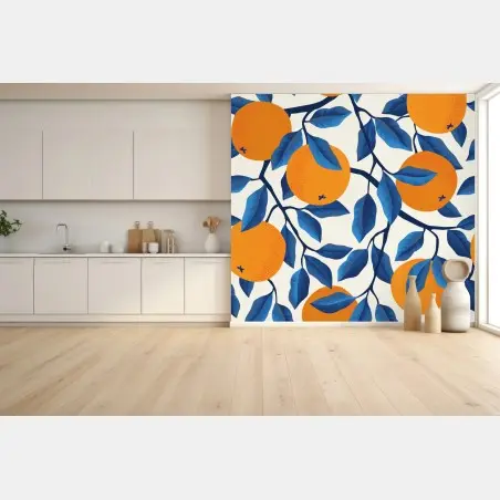 Fotomural estampado de naranjas y hojas azules – Pixers®