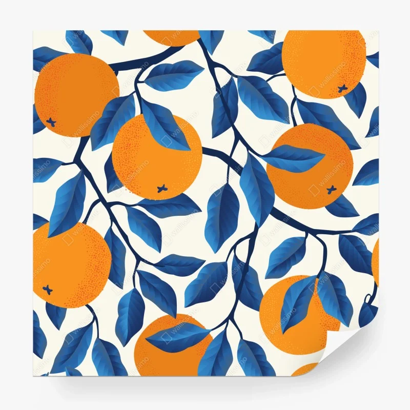 Fotomural estampado de naranjas y hojas azules