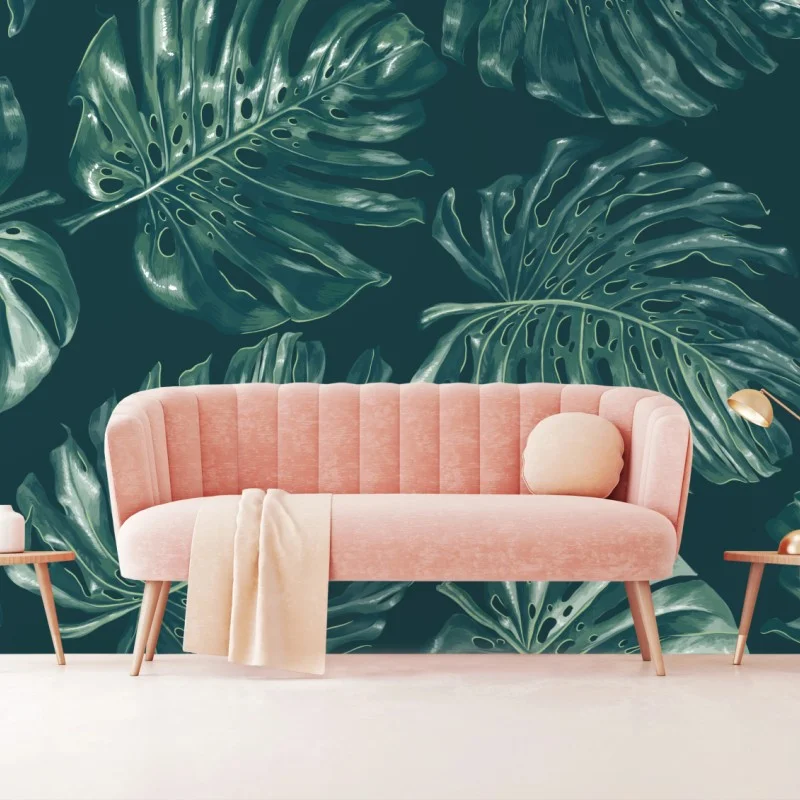 Fotomural patrón de hojas de monstera en tonos verdes