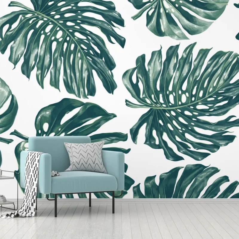 Fotomural patrón tropical de hojas de monstera en verde