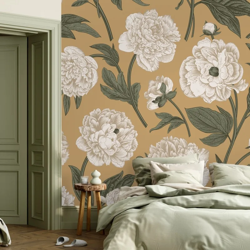 Fotomural estampado botánico de peonías sobre fondo beige