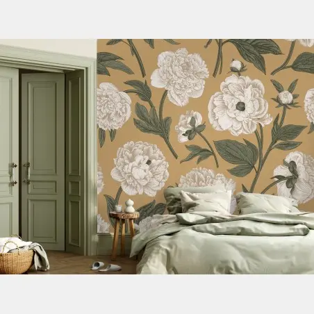 Fotomural estampado botánico de peonías sobre fondo beige – Pixers®