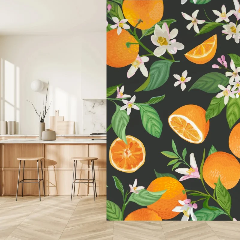 Fotomural estampado de naranjas y flores sobre fondo oscuro