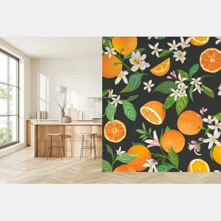 Fotomural estampado de naranjas y flores sobre fondo oscuro – Pixers®