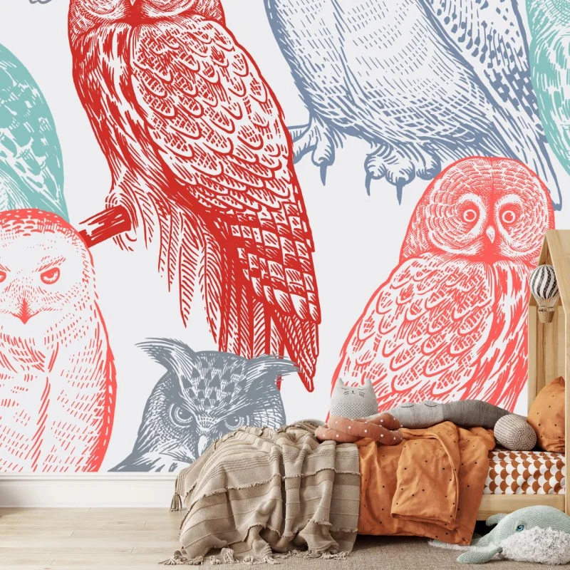 Fotomural búhos ilustrados en estilo grabado multicolor